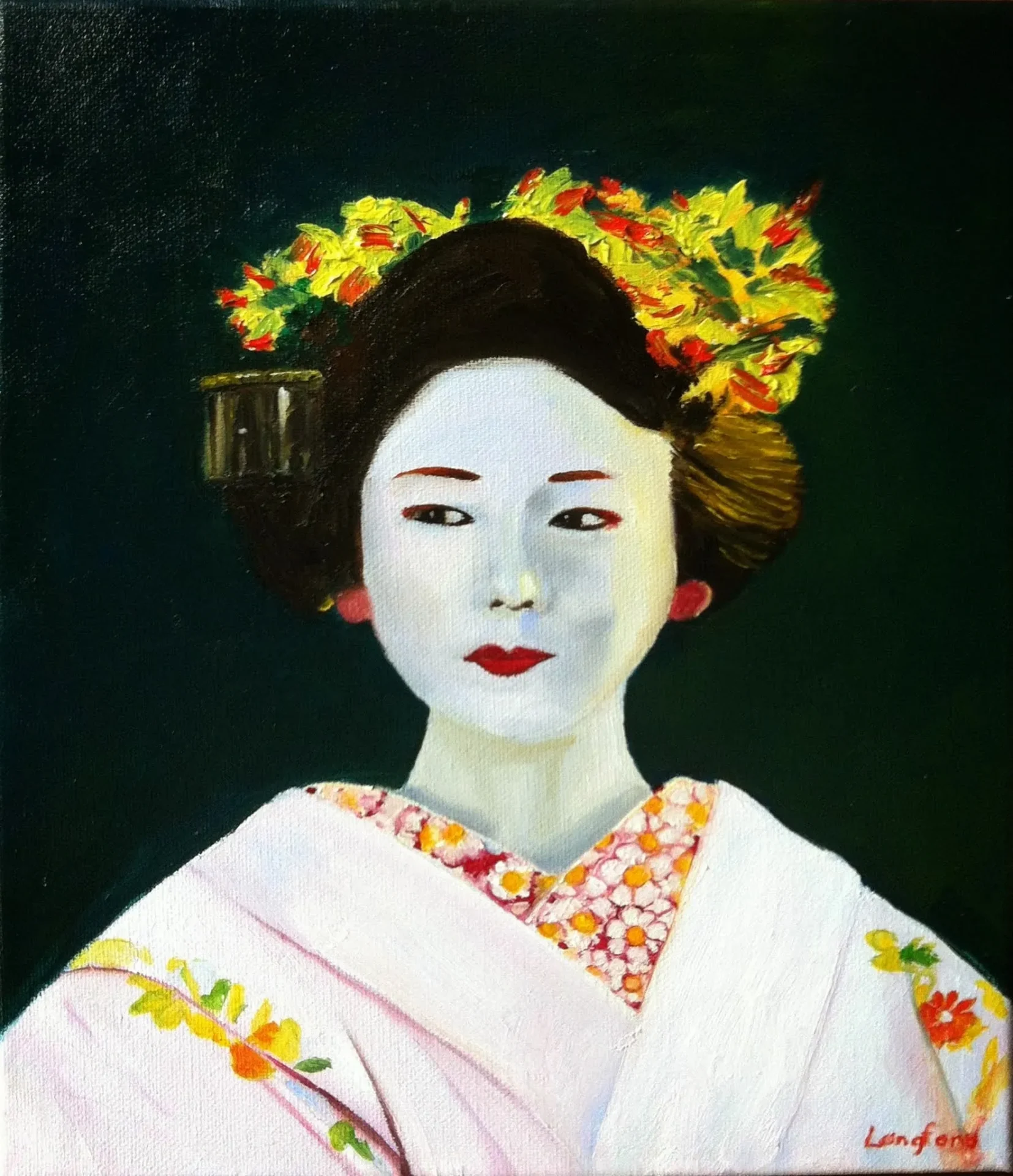 A painting of a geisha with flowers in her hair.