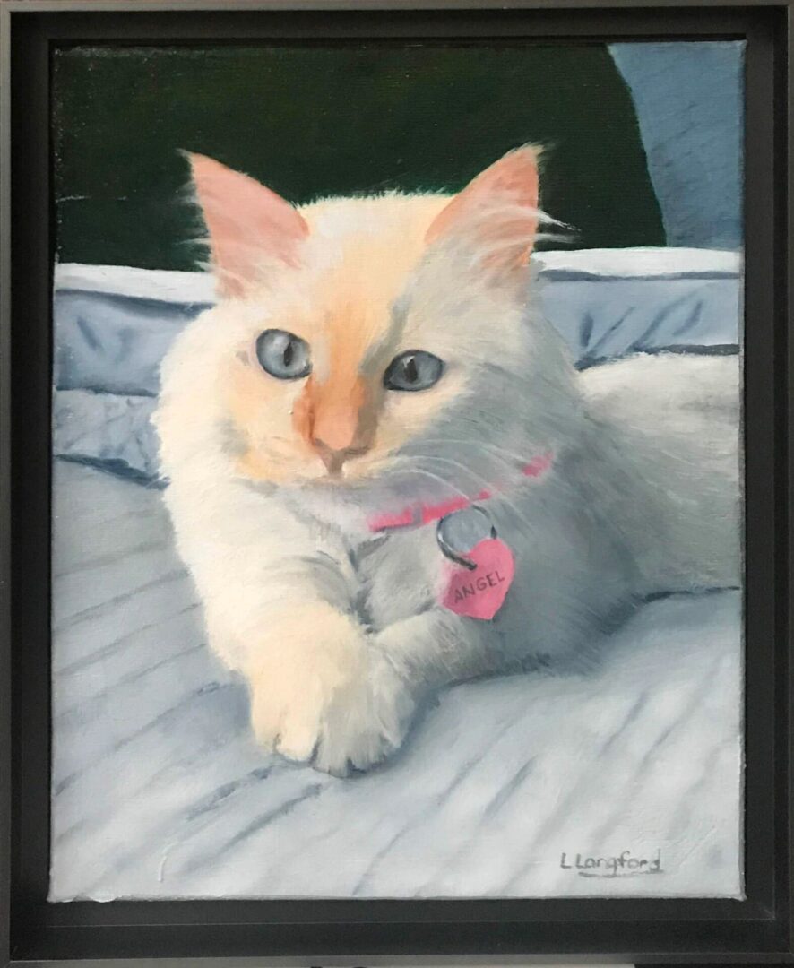 A painting of a cat with a pink collar.