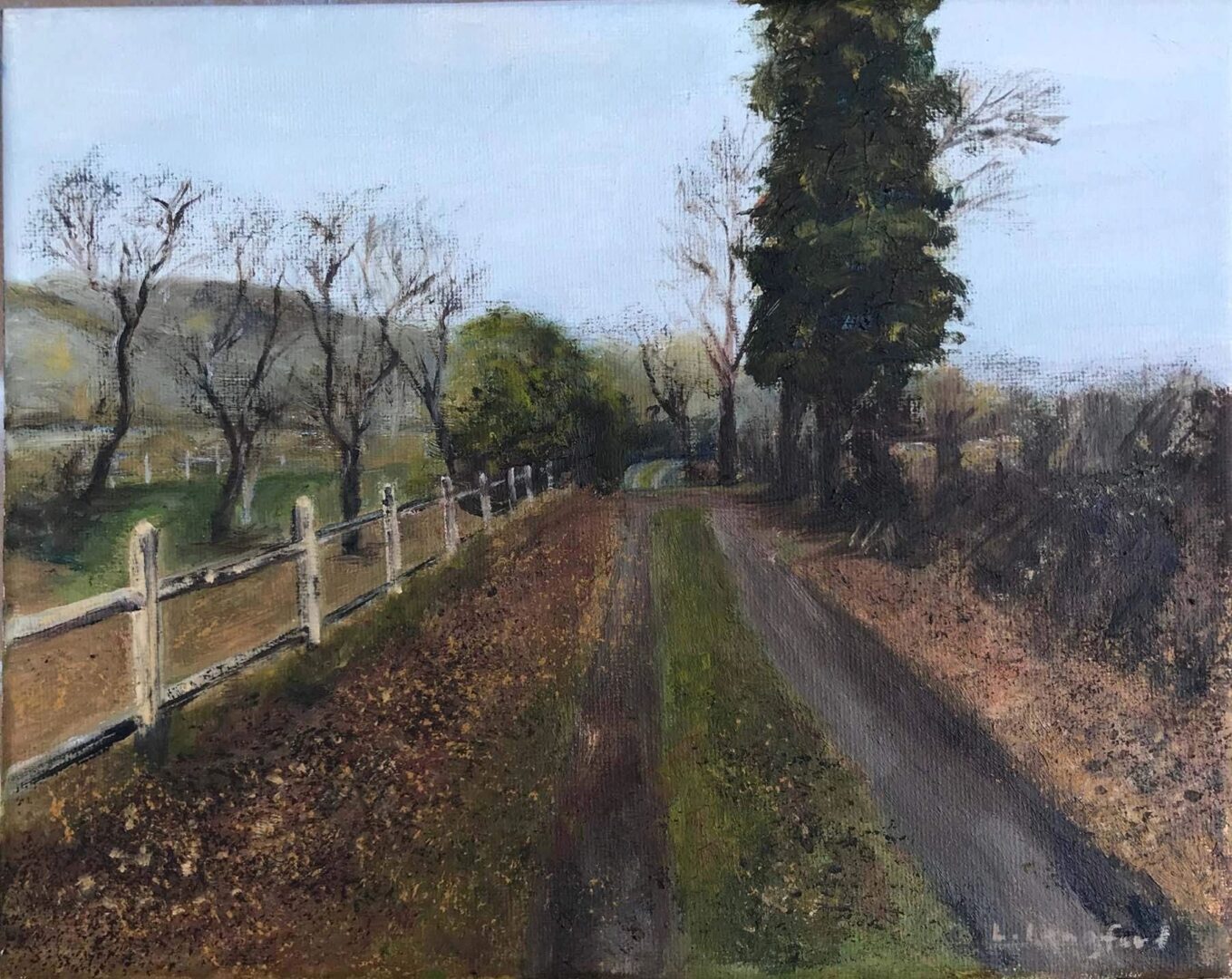 A painting of a dirt road with trees in the background.