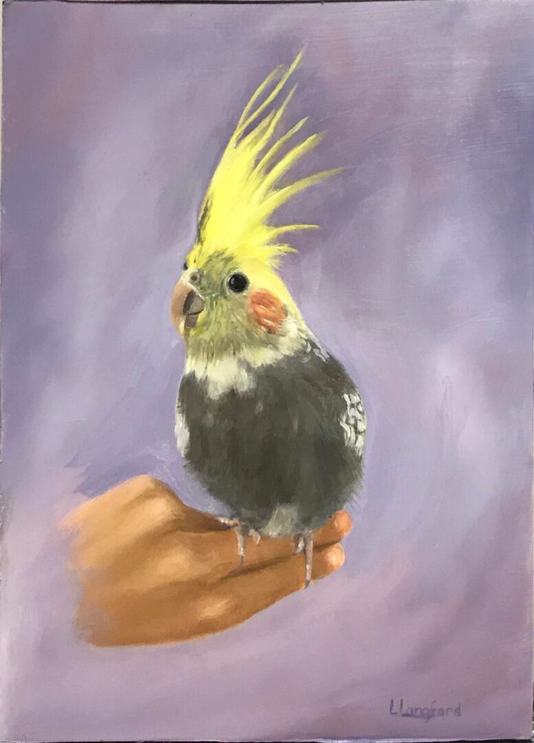 A painting of a bird with yellow feathers on its head.