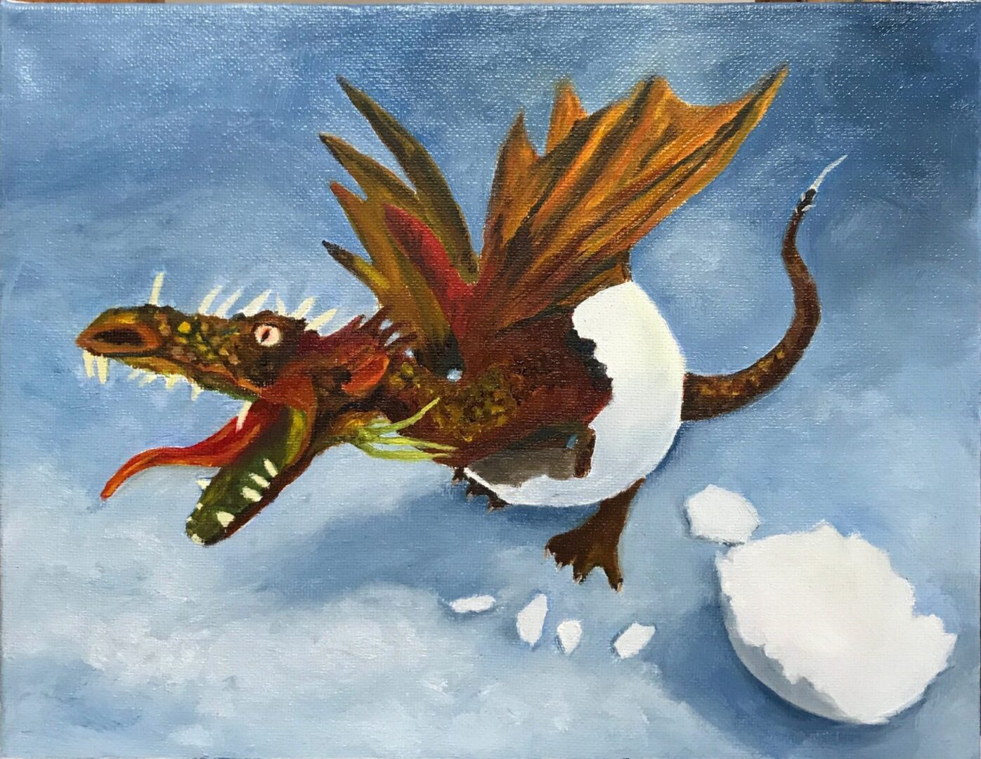 A painting of an egg laying on top of a dragon.