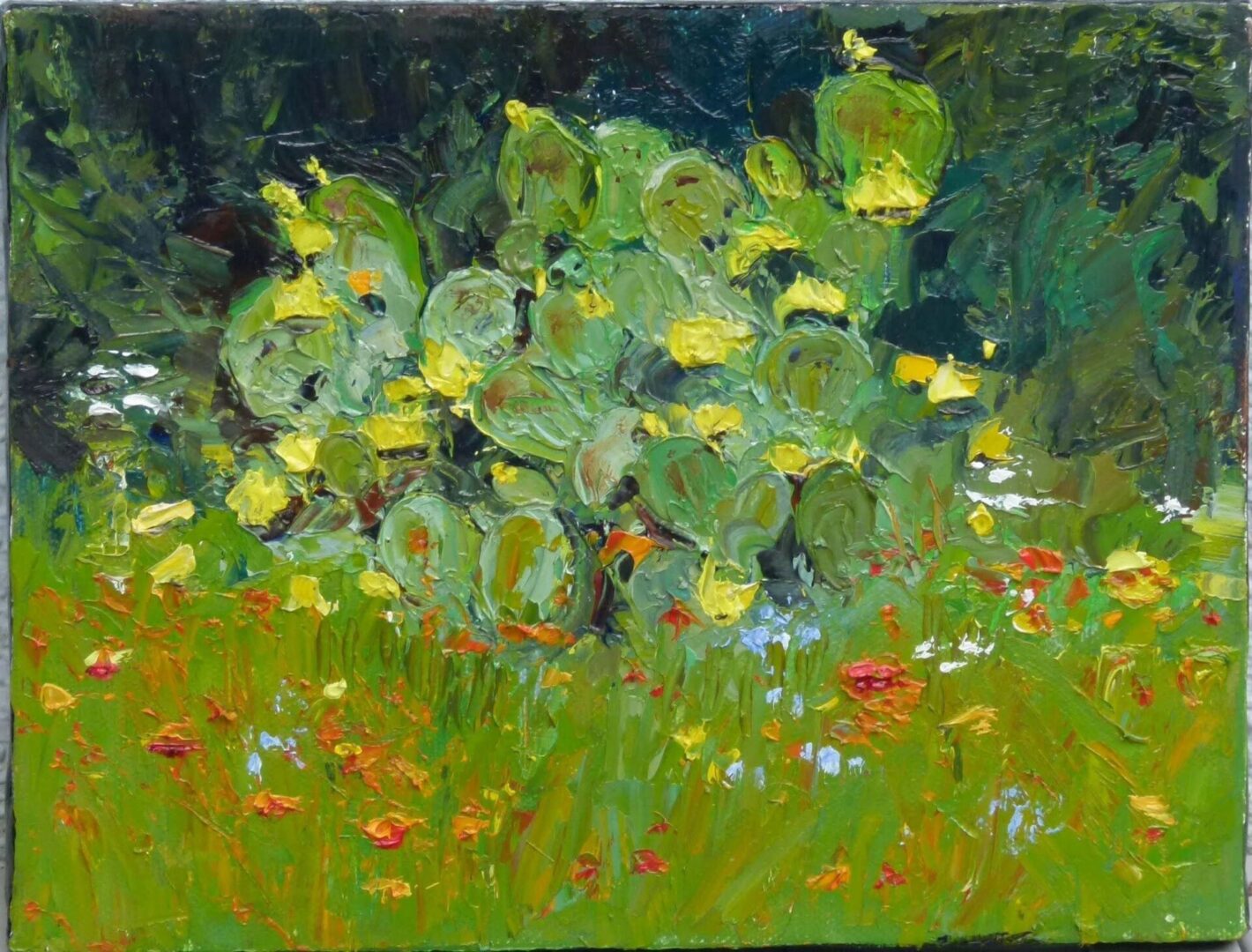 A painting of green plants and flowers in the grass.