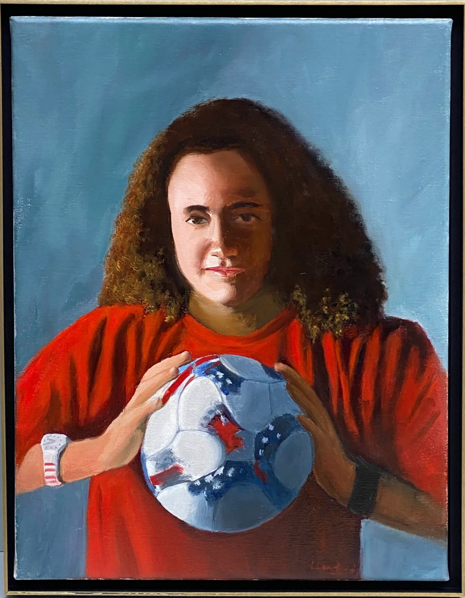 A painting of a woman holding a soccer ball.