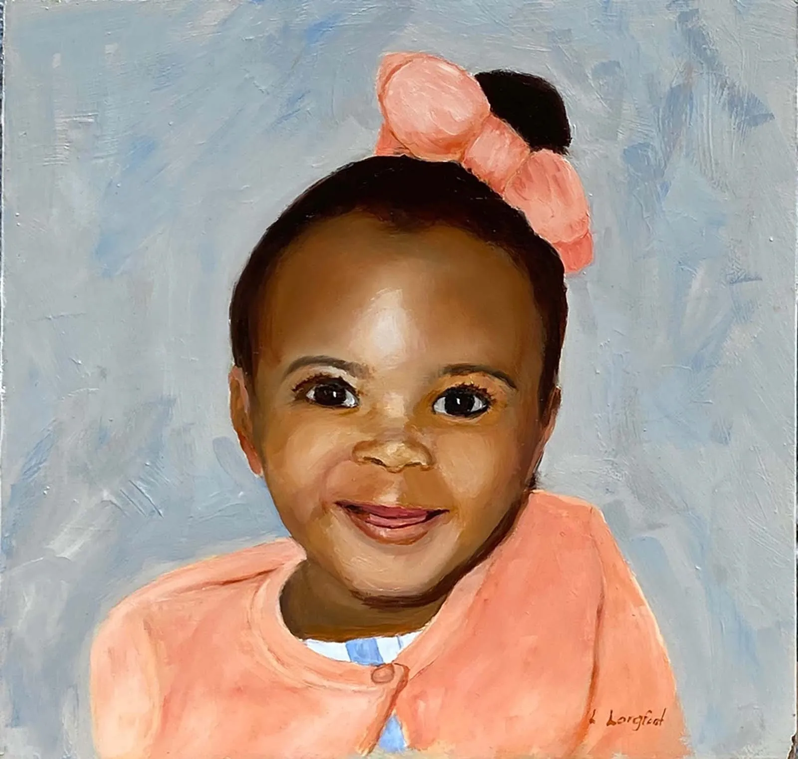 A painting of a young girl wearing an orange sweater.