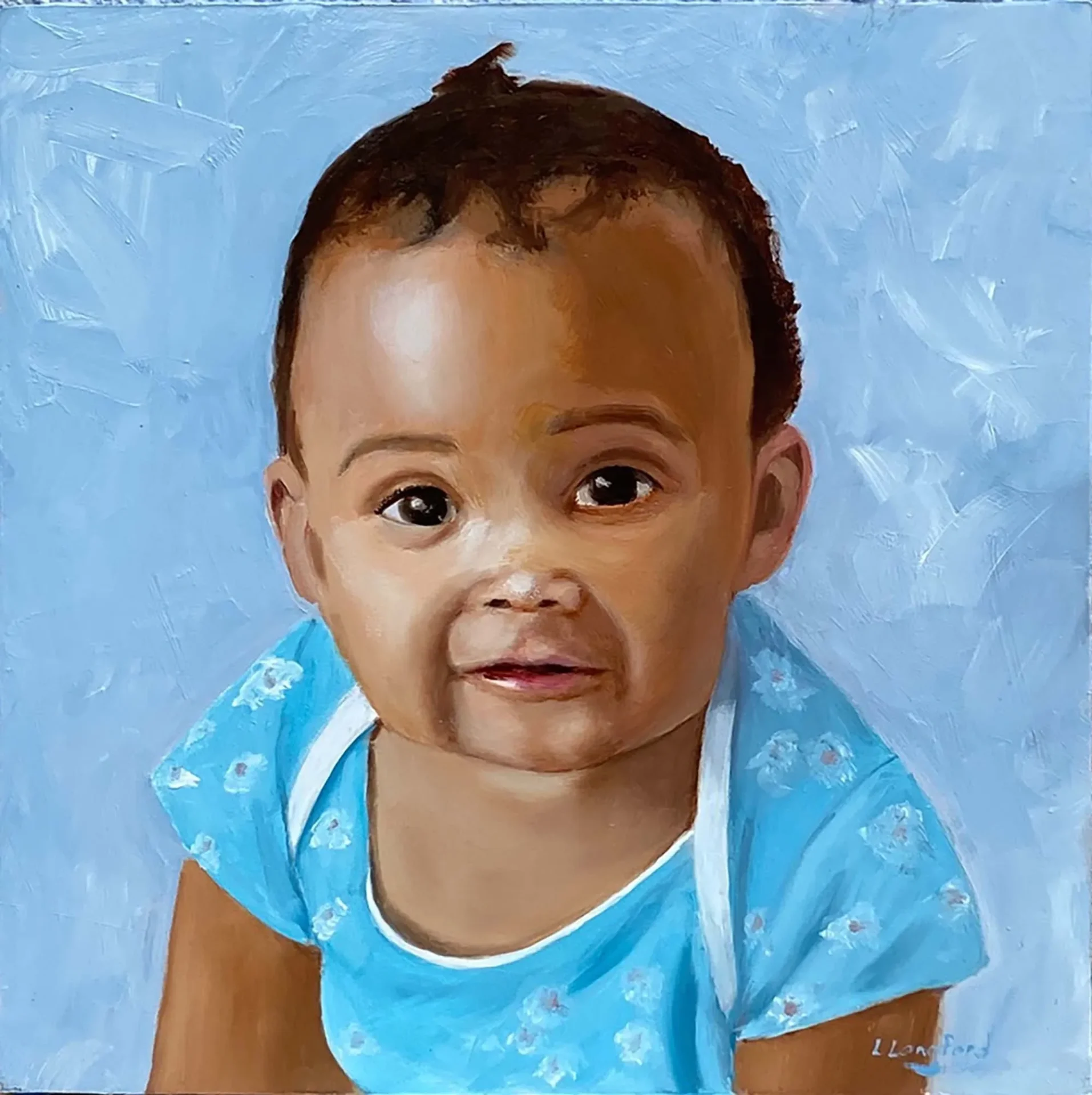 A painting of a baby in blue shirt