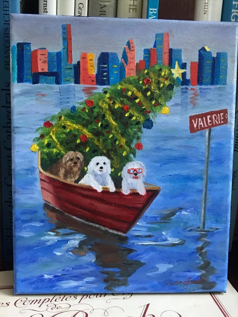 A painting of three dogs in a boat with christmas lights.