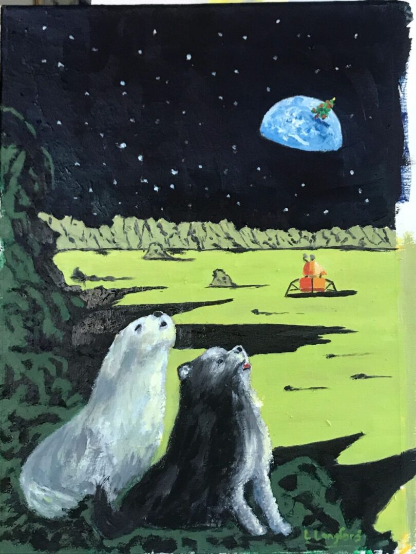 Two bears are looking at a space ship.