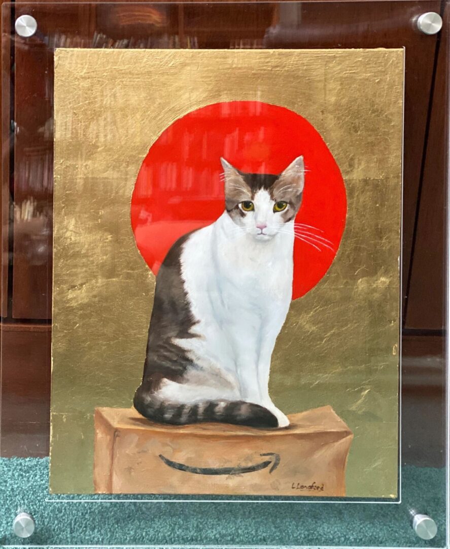 A painting of a cat sitting on top of a box.