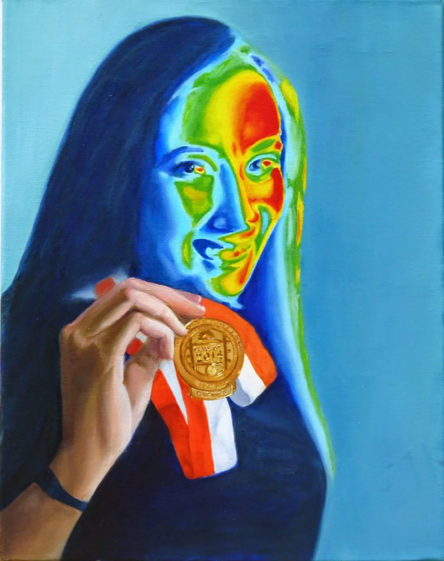 A woman holding up a medal in front of her face.