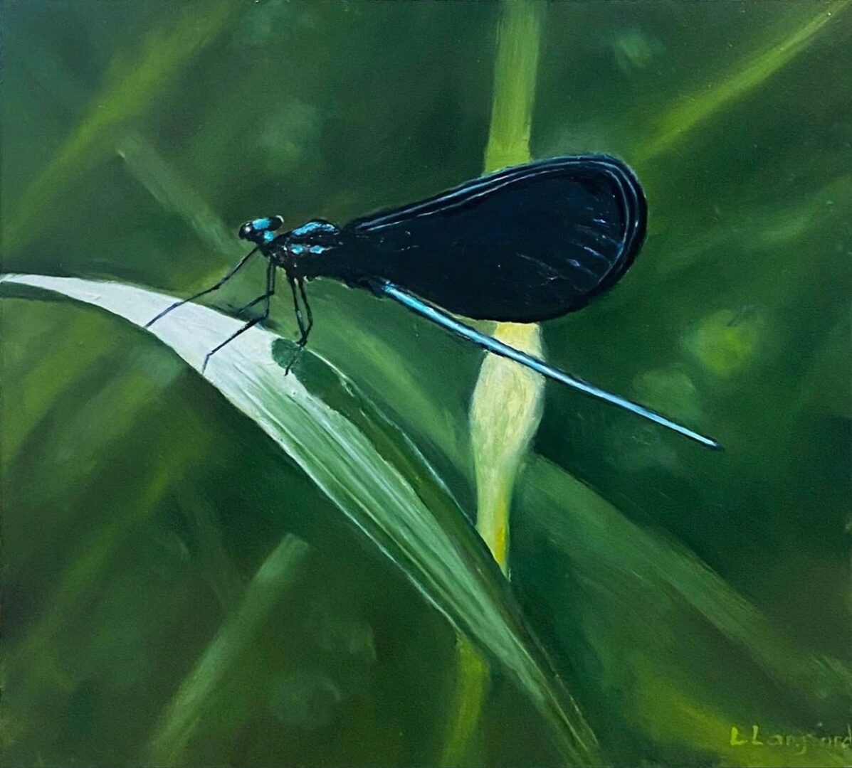 A painting of a black bug sitting on a leaf