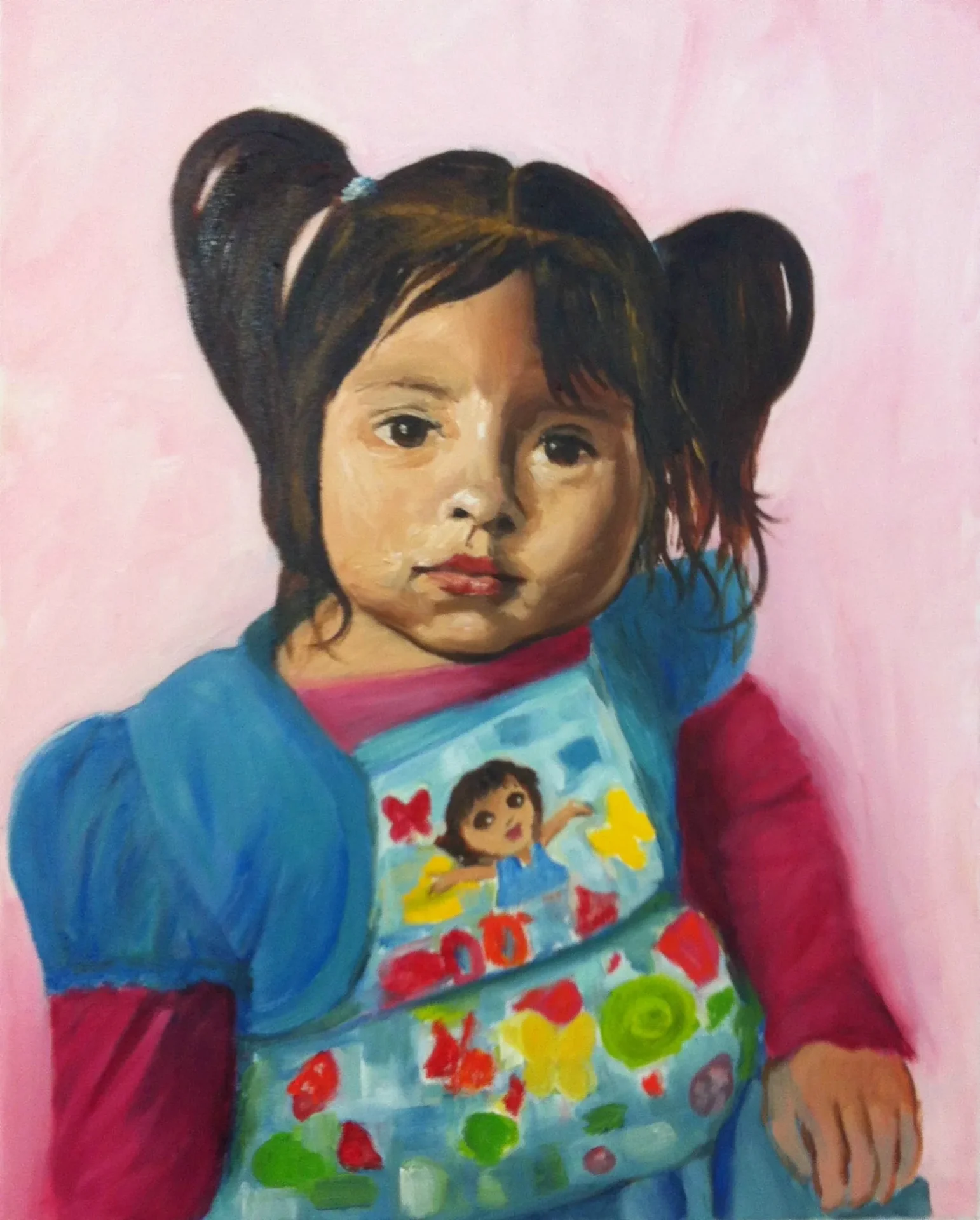 A painting of a girl with pigtails and an apron.