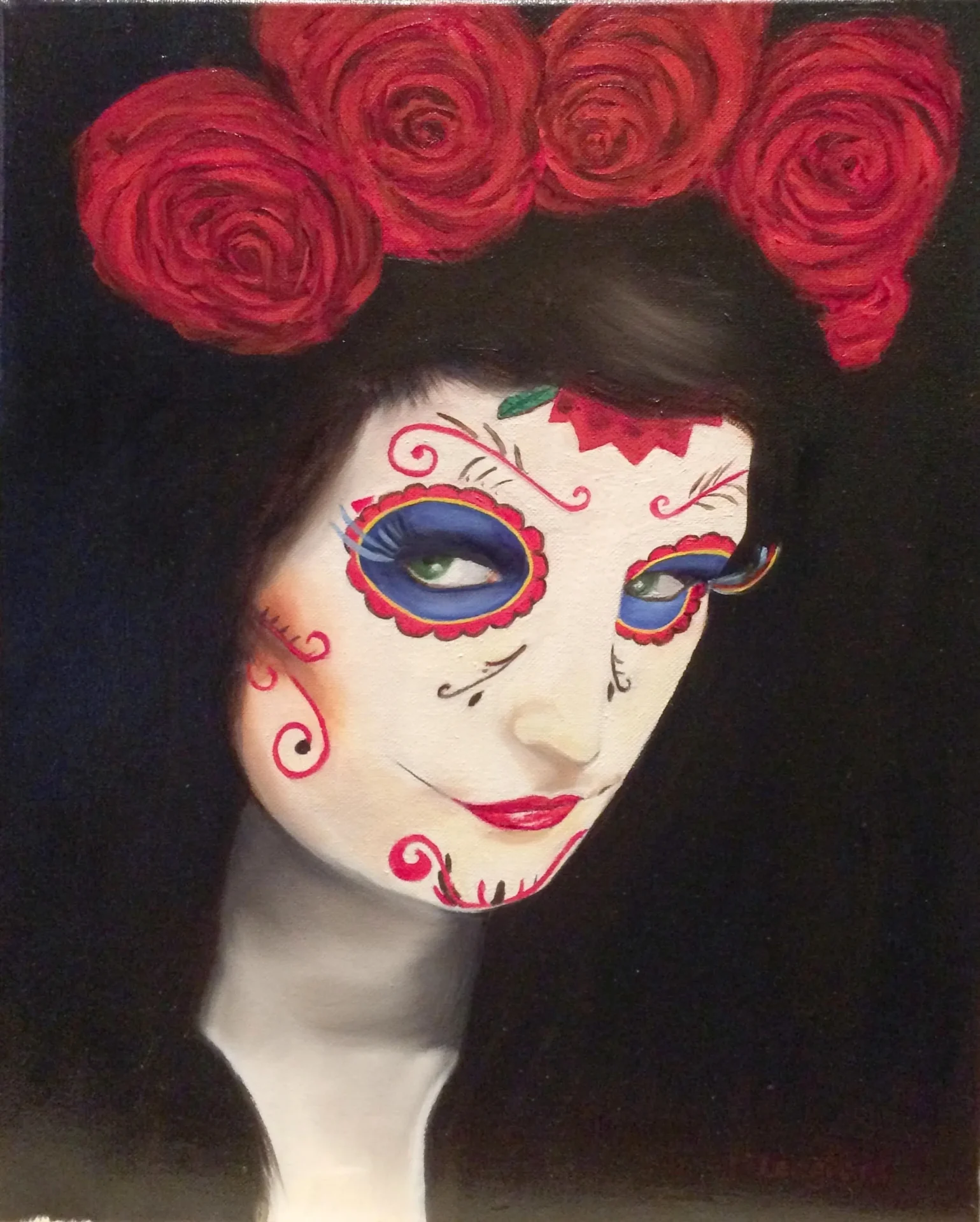 A woman with red roses on her head and face.