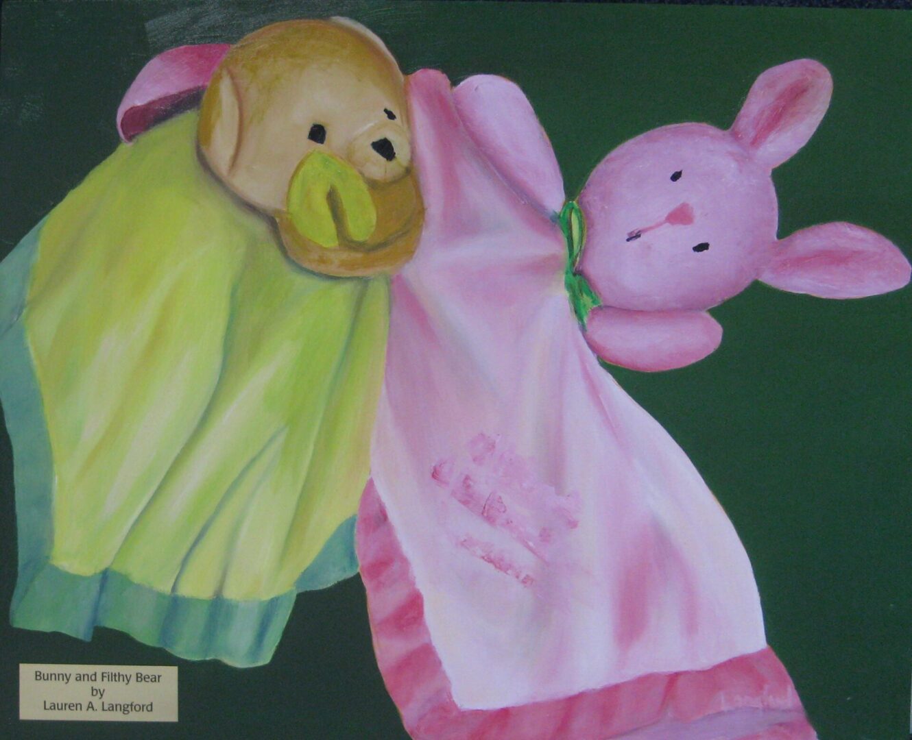 A painting of two stuffed animals on a green background