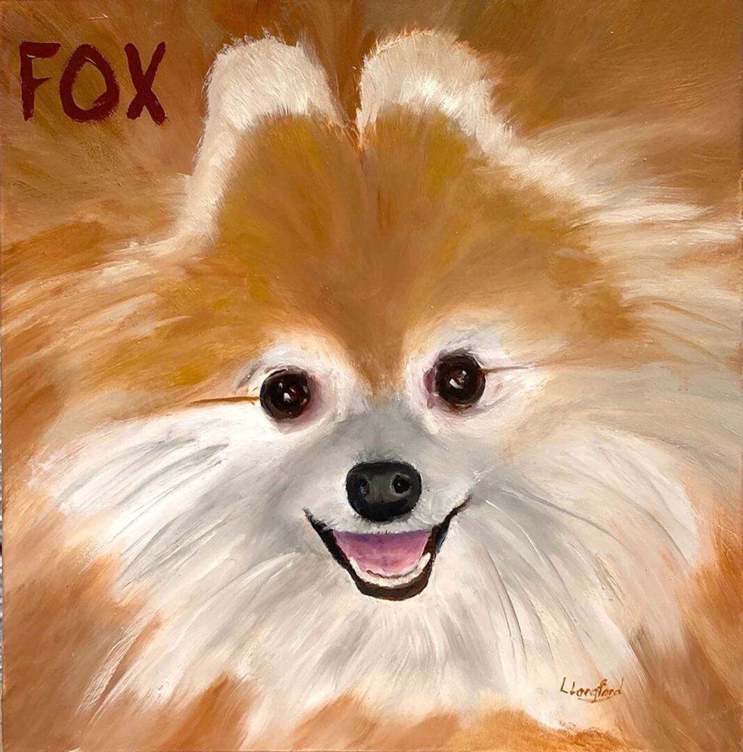 A painting of a dog with the word fox written underneath it.