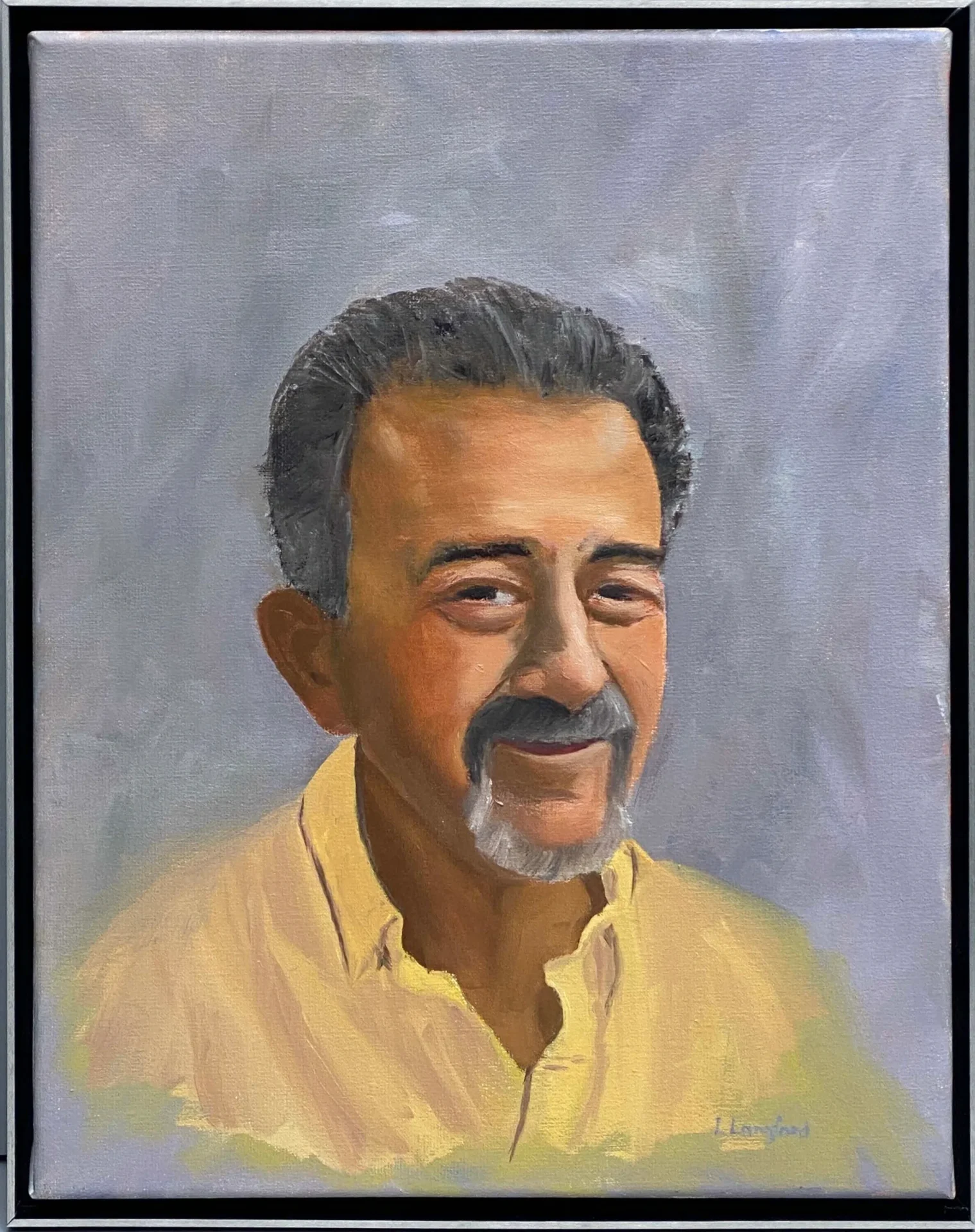 A painting of an older man in yellow shirt.