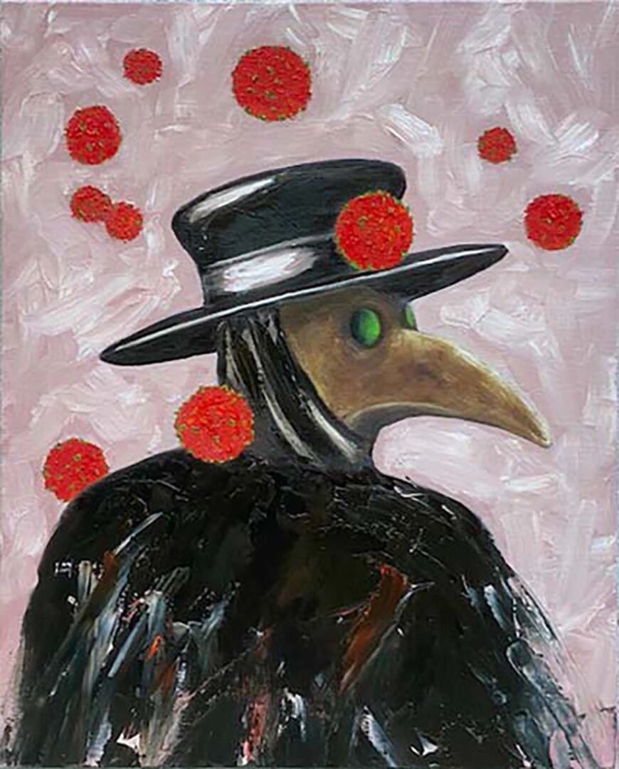 A painting of a bird wearing a hat