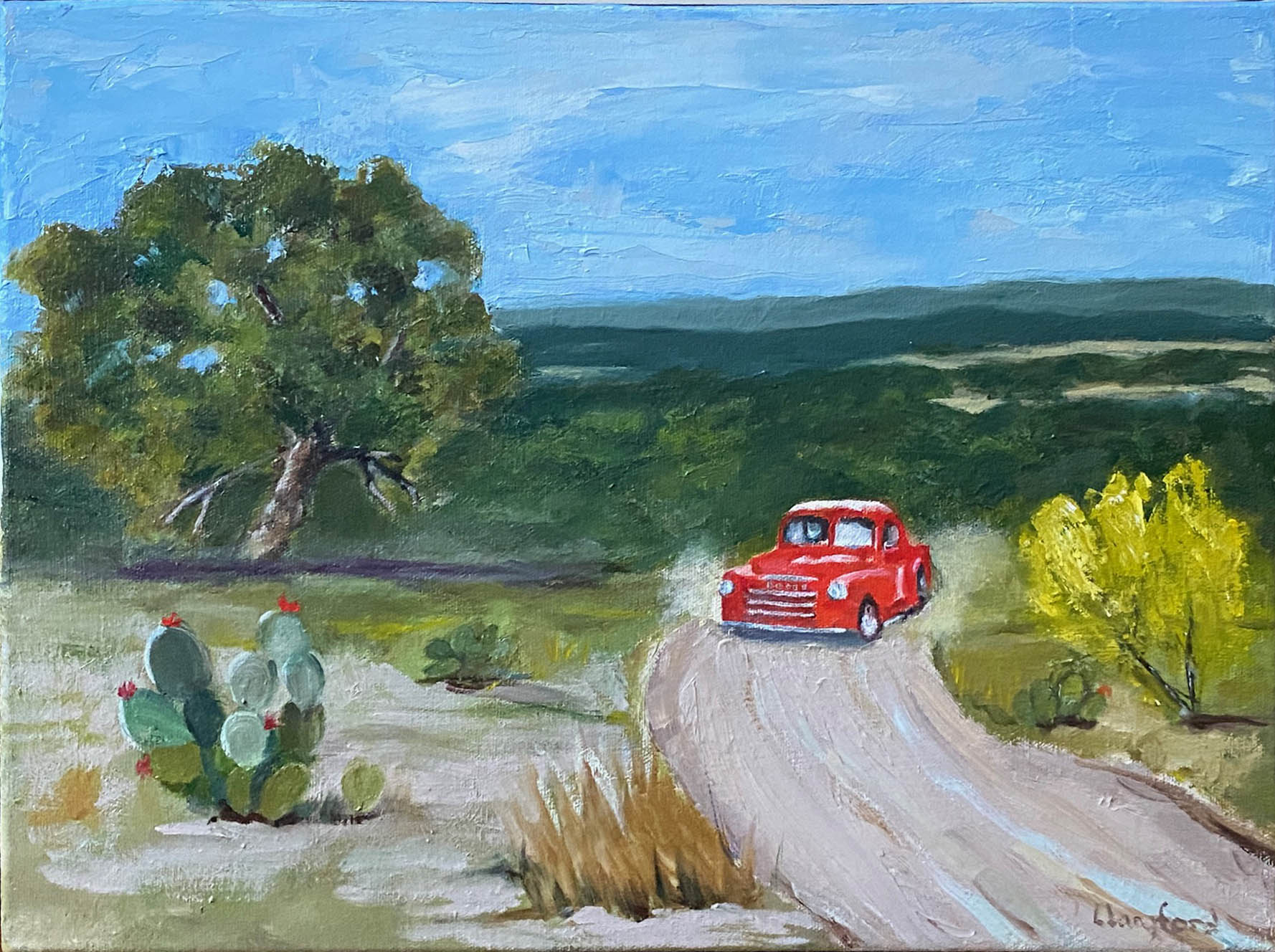 A painting of an old red truck driving down the road