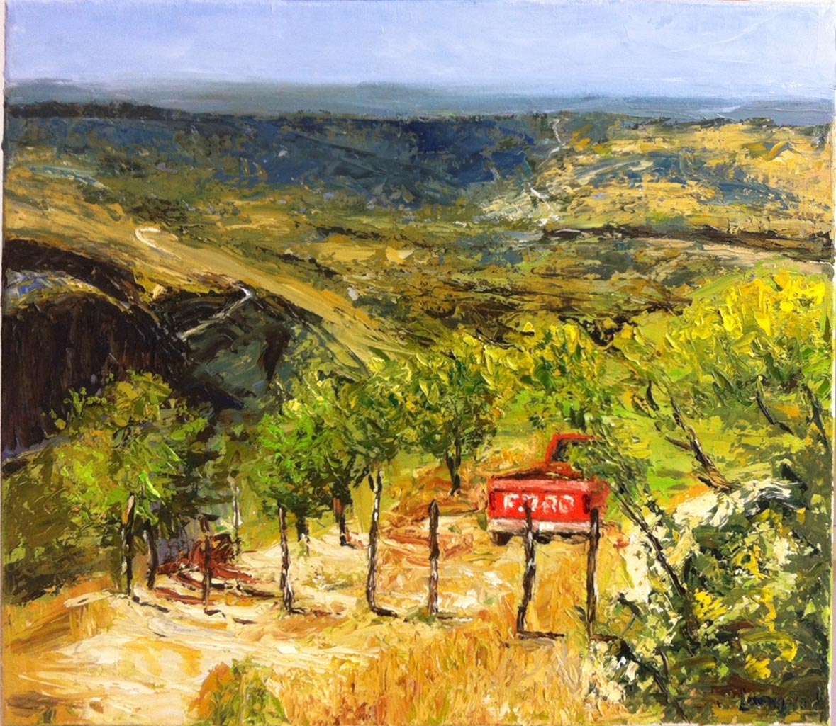 A painting of a hilly area with trees and bushes