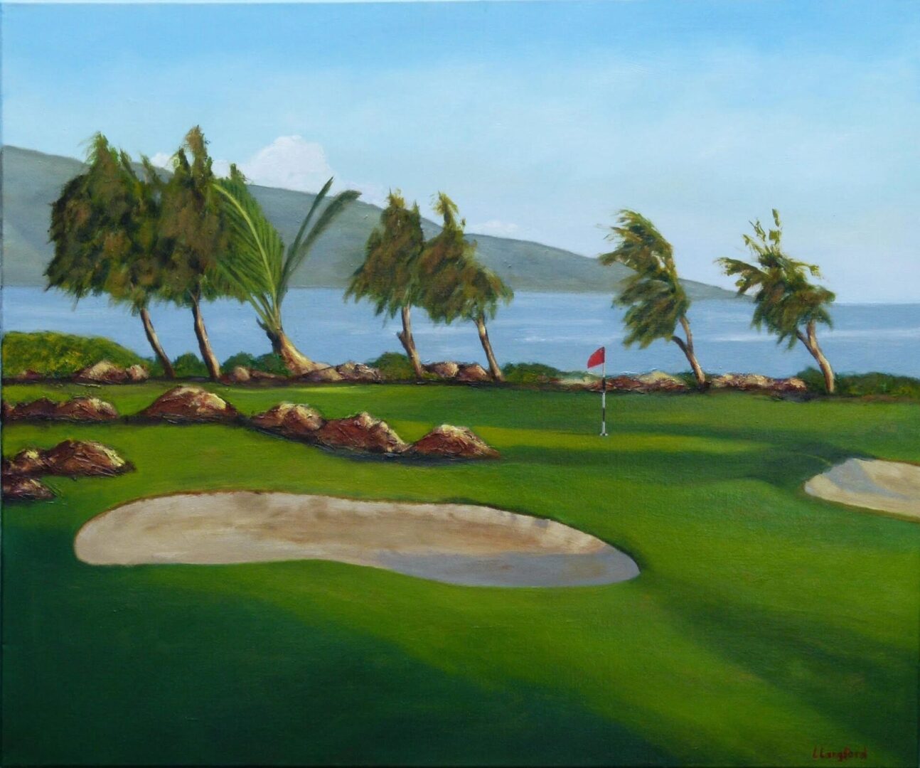 A painting of a golf course with trees and water in the background.