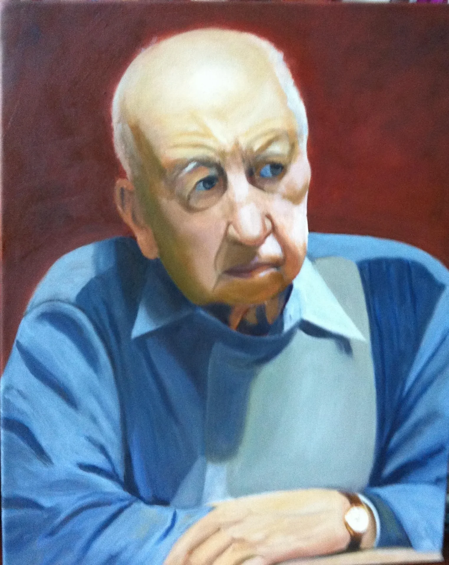 A painting of an older man in blue shirt