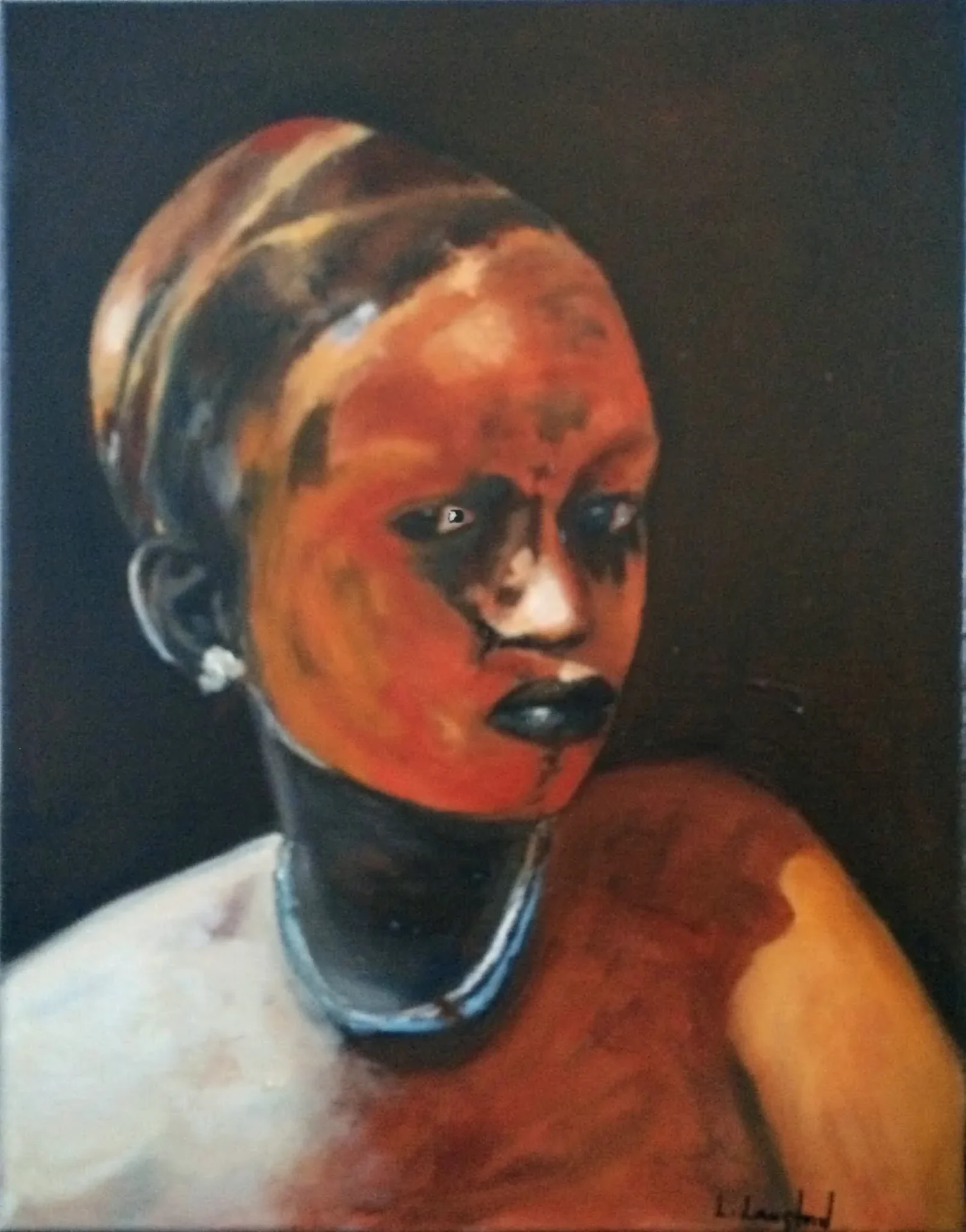 A painting of a woman with orange skin