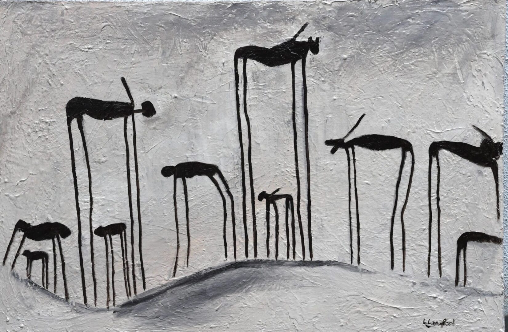 A painting of tall animals on top of a hill.