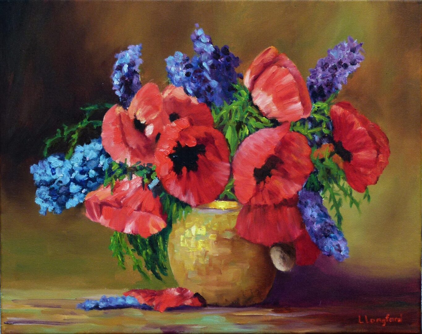 A painting of red and blue flowers in a yellow vase.