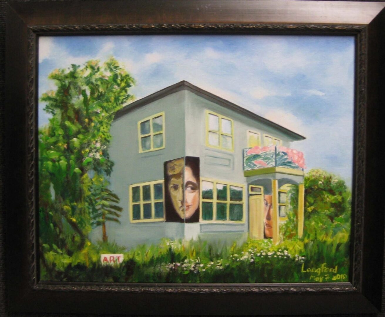 A painting of a house with a face on it.