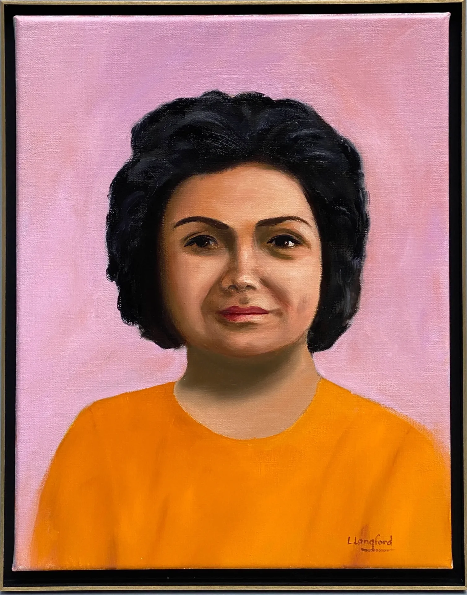 A painting of a woman in an orange shirt.