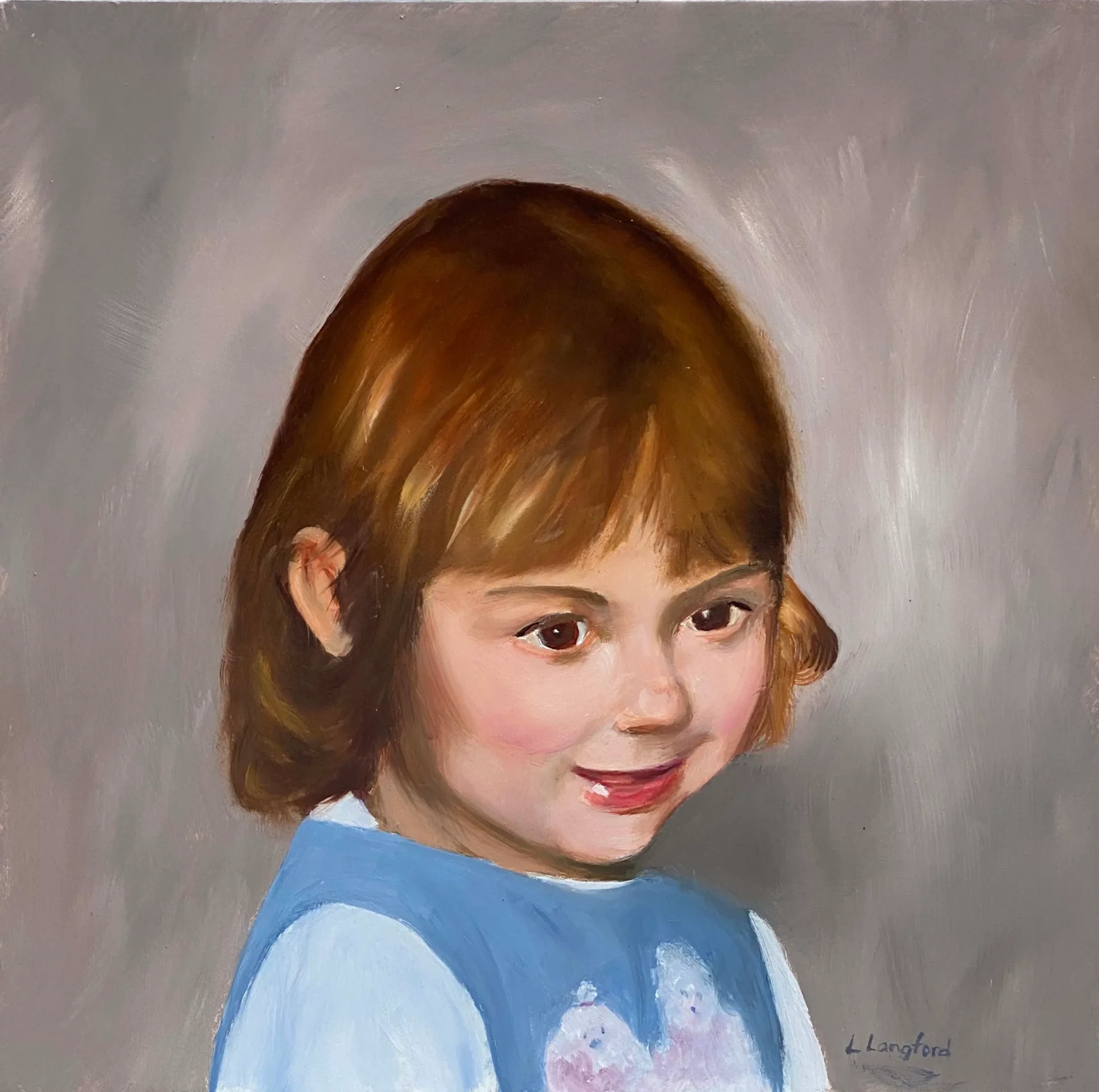 A painting of a girl in blue shirt