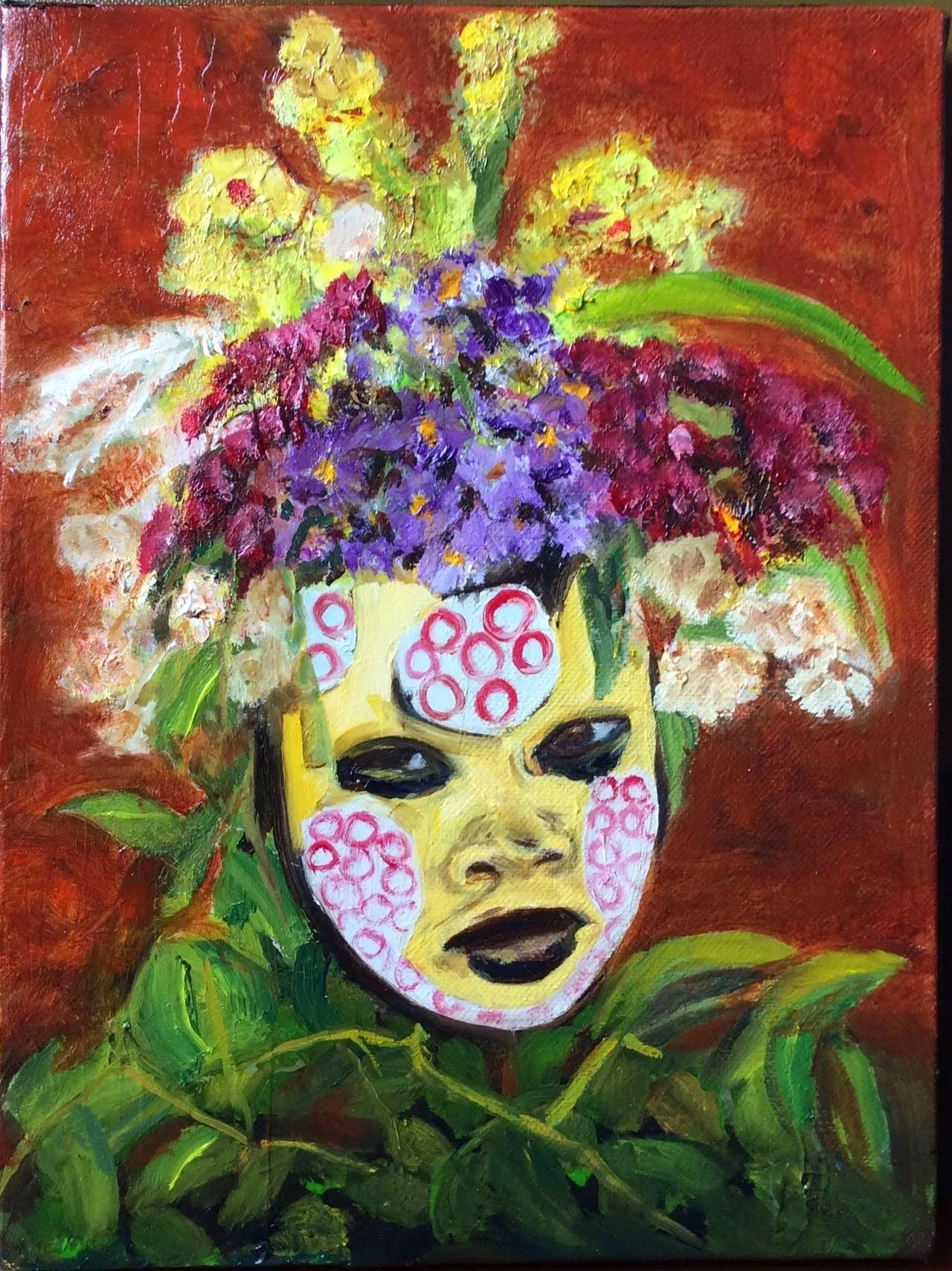 A painting of a woman with flowers in her hair.