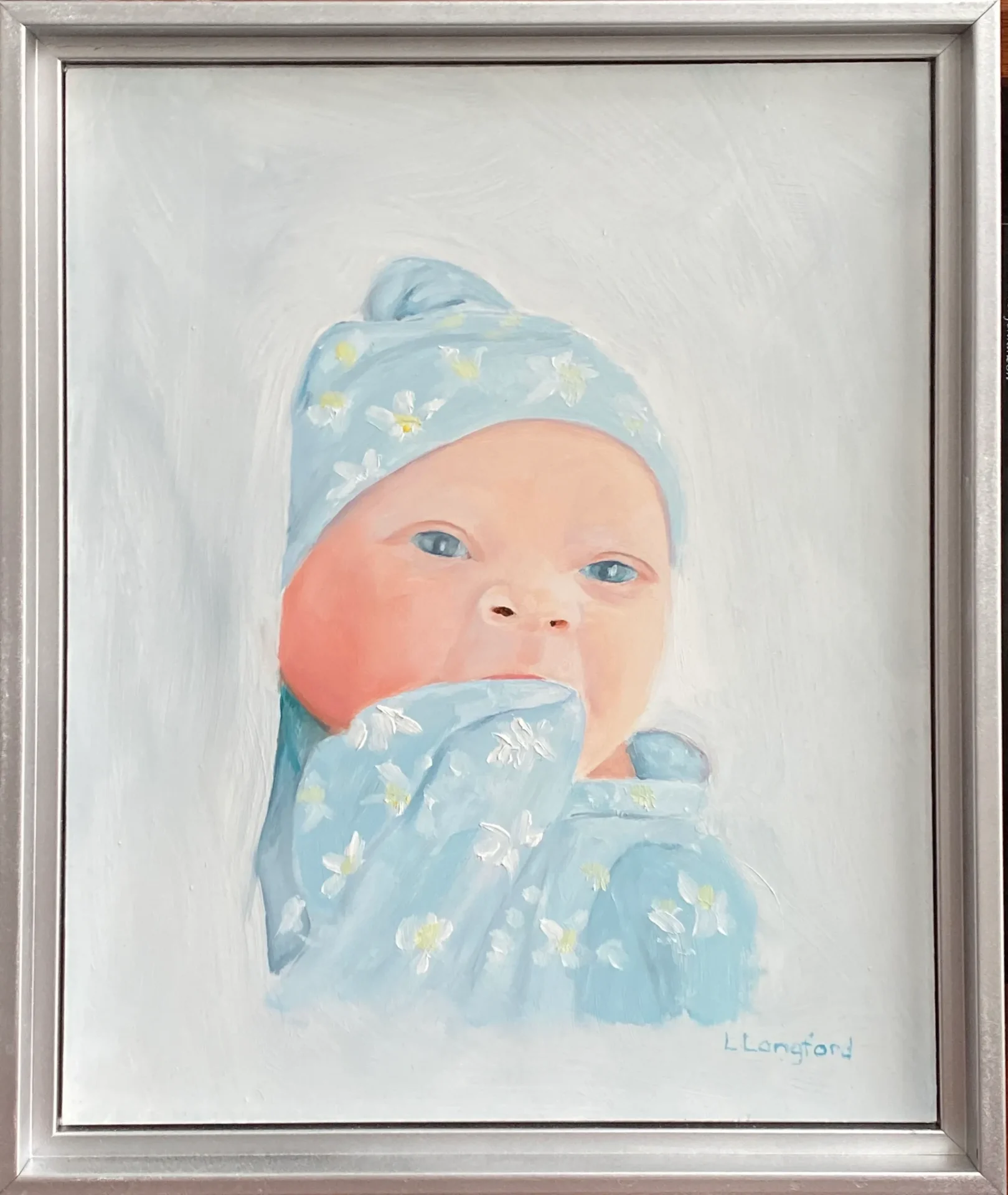 A painting of a baby wrapped in blue blanket.