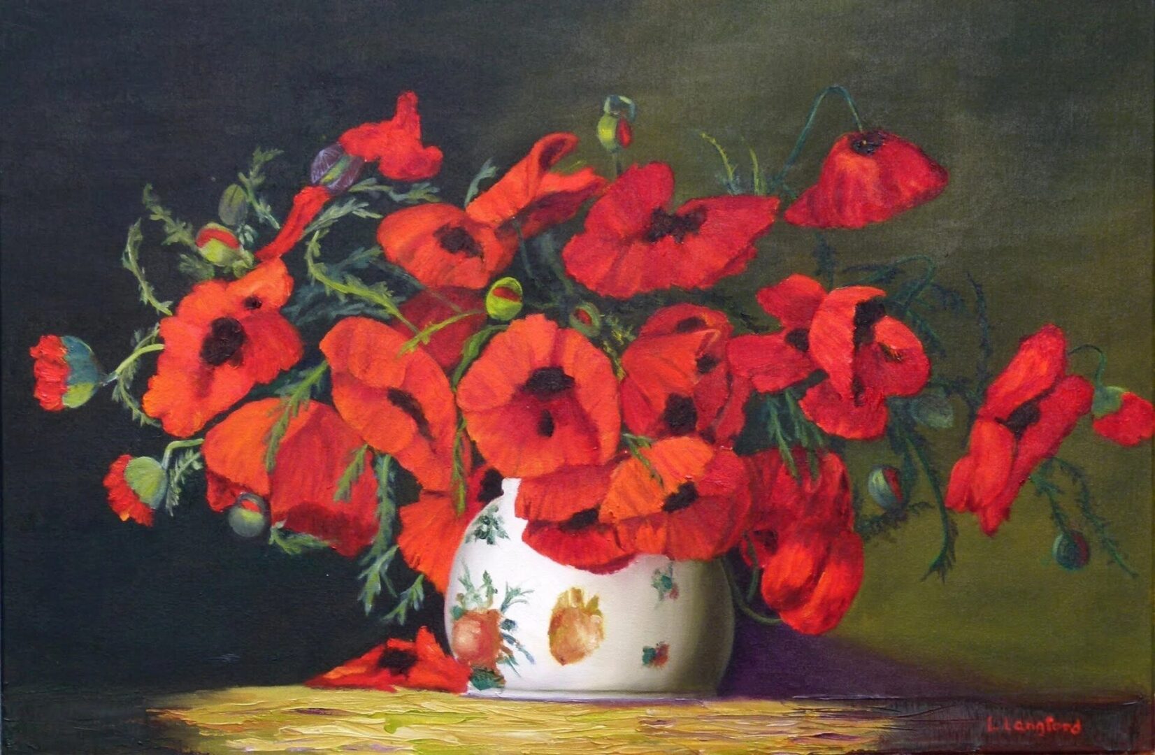 A painting of red flowers in a white vase.