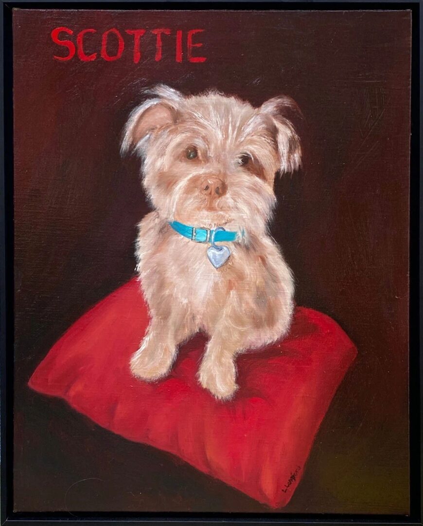 A painting of a dog sitting on top of a red pillow.