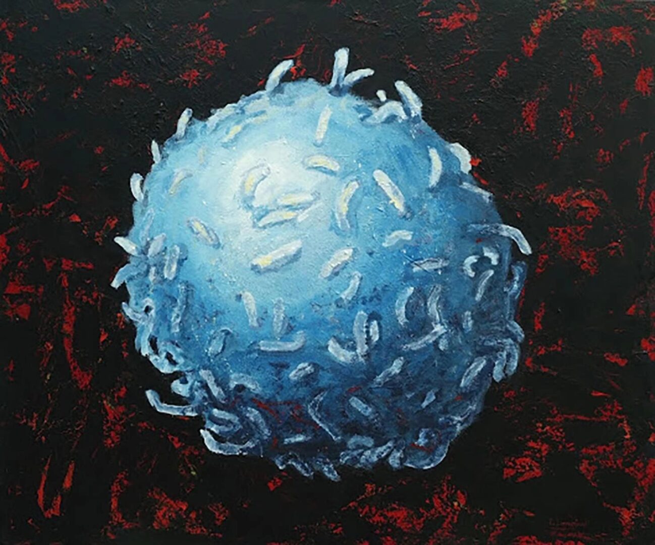 A painting of an abstract blue ball on black background.