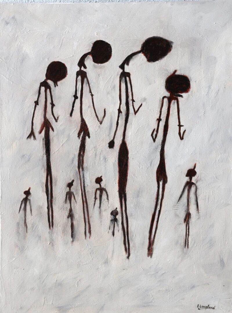 A painting of several people walking in the same direction.