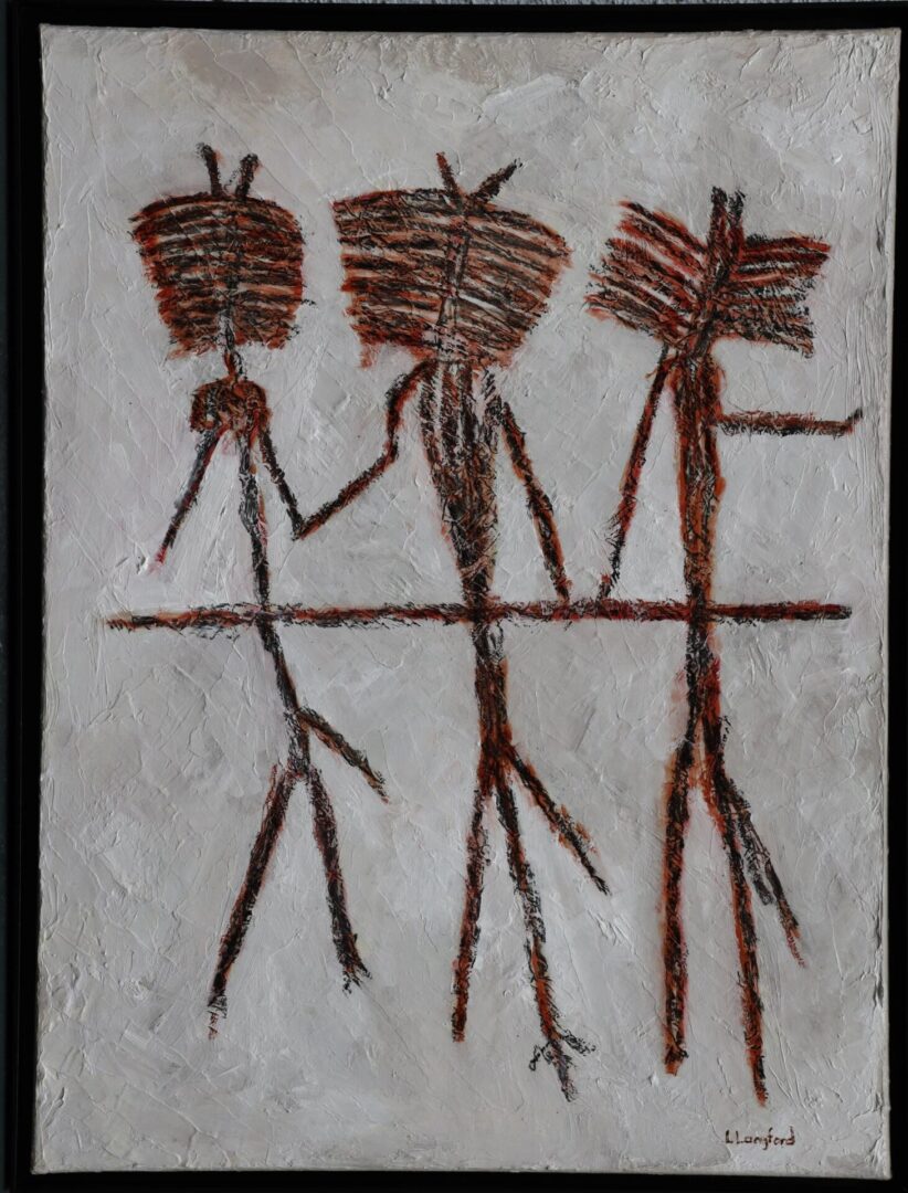 A painting of three people standing next to each other.