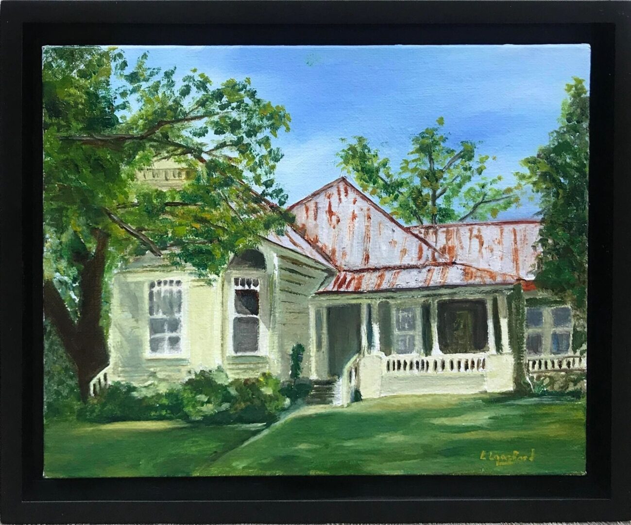 A painting of a house with a metal roof.