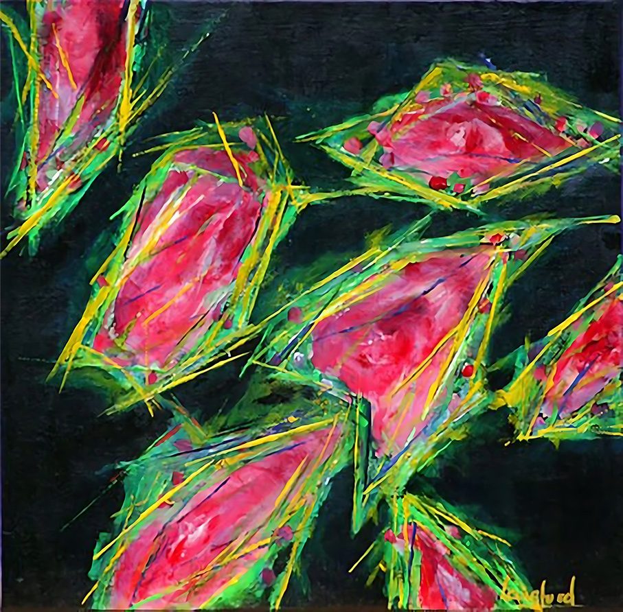 A painting of pink and green leaves on black ground