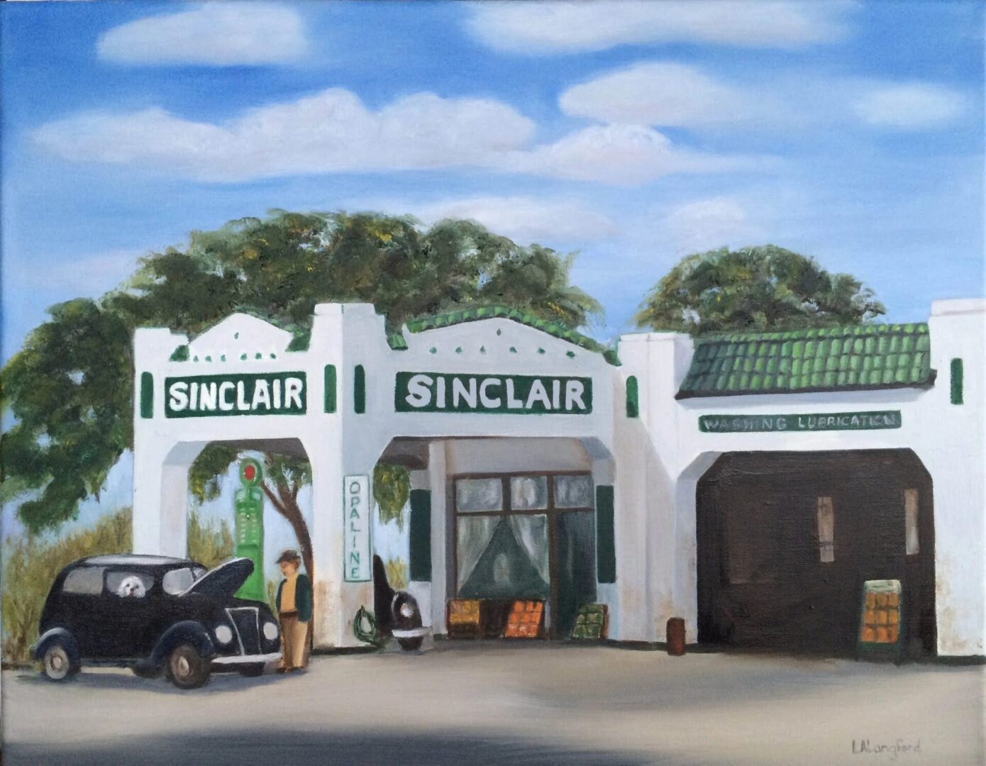 A painting of sinclair gas station with an old truck parked in front.