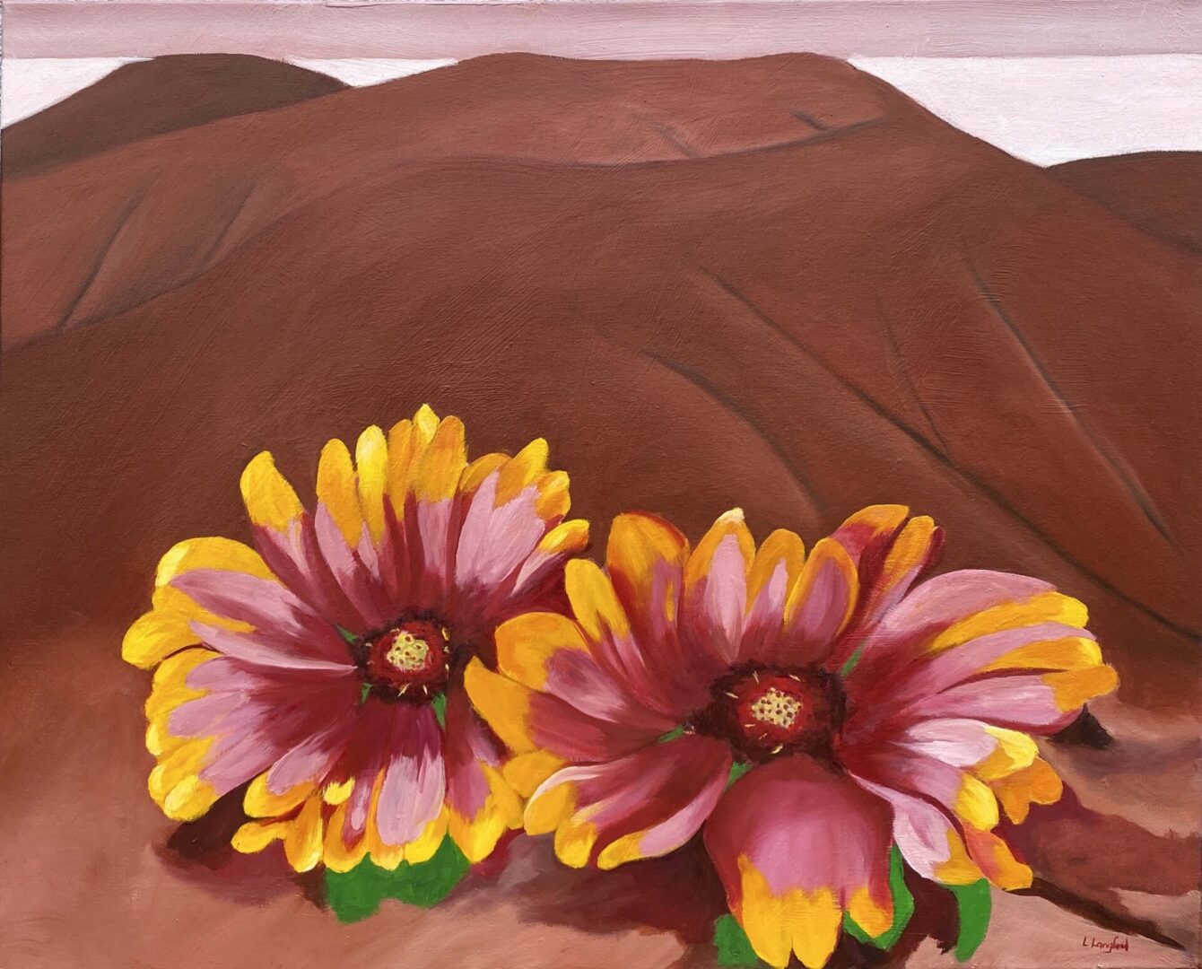 A la Georgia painting with flowers in a desert.