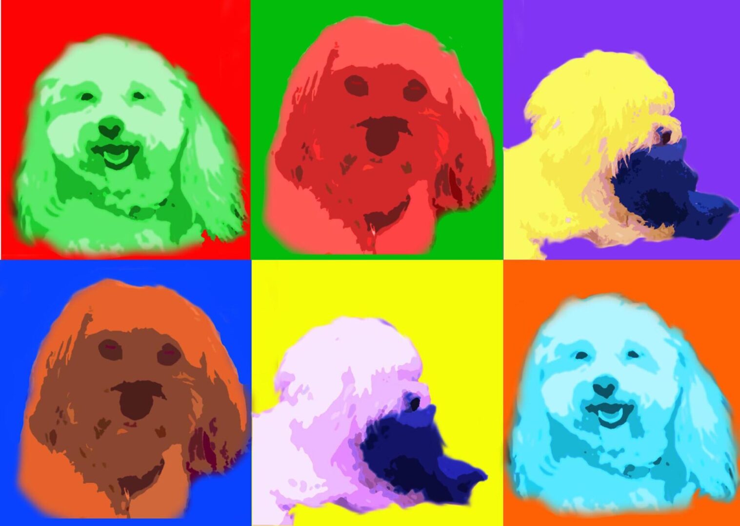 A collage of dog paintings with different color backgrounds