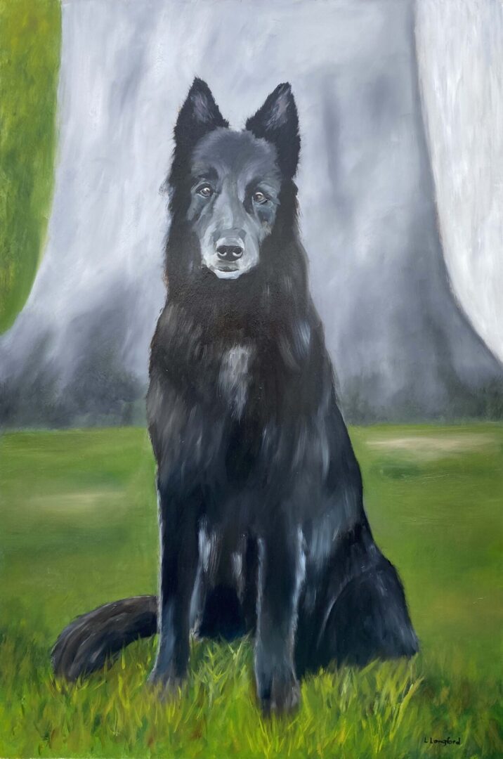 Pharoah, the painting of a black dog with a tree in the back.